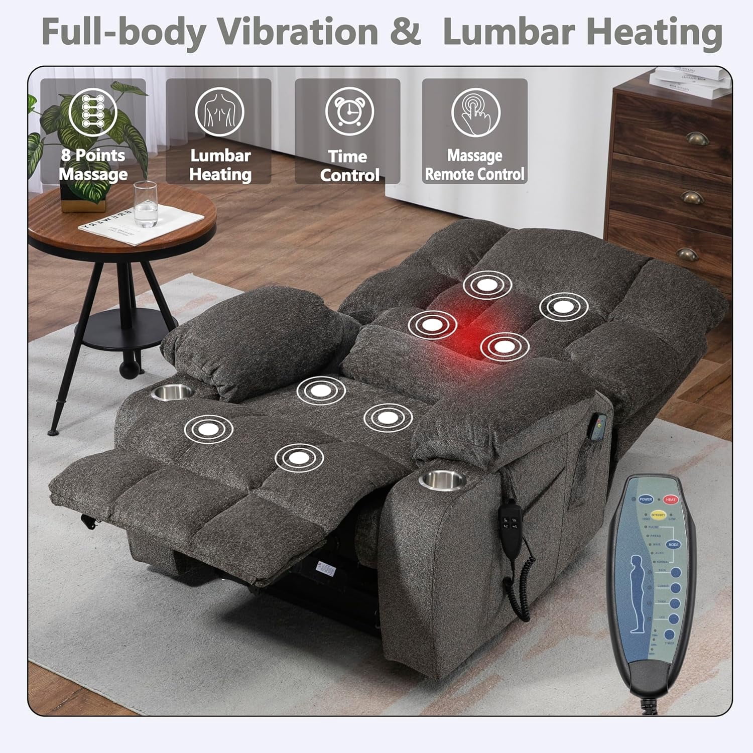REHOUSING Adult Chenille Living Room Power Lift and Massage Heat Recliners with Cup Holders and Side Pockets, Gray