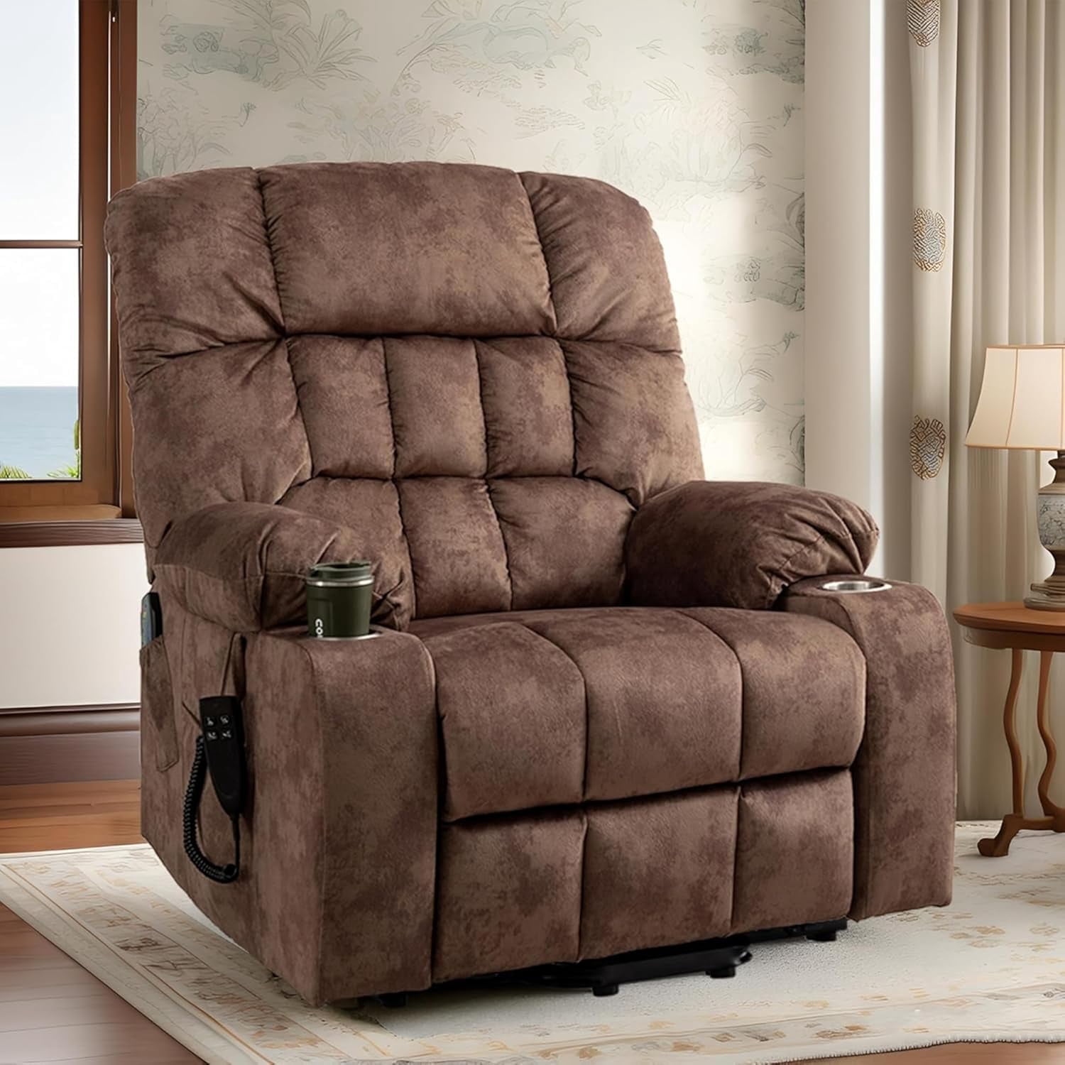 REHOUSING Adult Velvet Massaging and Heat Recliners with Cup Holders and Side Pockets, Brown