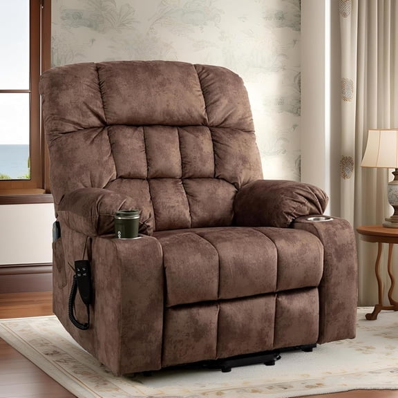 REHOUSING Adult Velvet Massaging and Heat Recliners with Cup Holders and Side Pockets, Brown