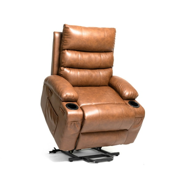 Power Lift Recliner Chair for Elderly Adults, PU Leather Lounge Sofa Chair with Massage & Heating, Cup Holders and Side Pockets for Living Room, Brown
