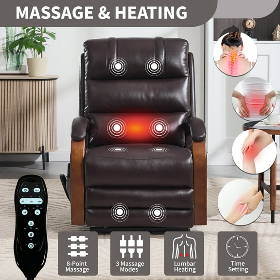 Power Lift Recliner Chair for Elderly, Dual Motor Infinite Position Recliner with Heat Massage, 350LB Capacity, Gift for Dad/mom, Dark Brown Faux Leather