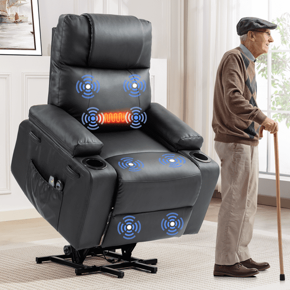 Power Lift Recliner Chair for Elderly with Heat & Massage, 160° Electric Adjustable PU Leather Recliner Sofa with Remote Control, Stand Assist, Cup Holder & Side Pockets for Living Room (Black)