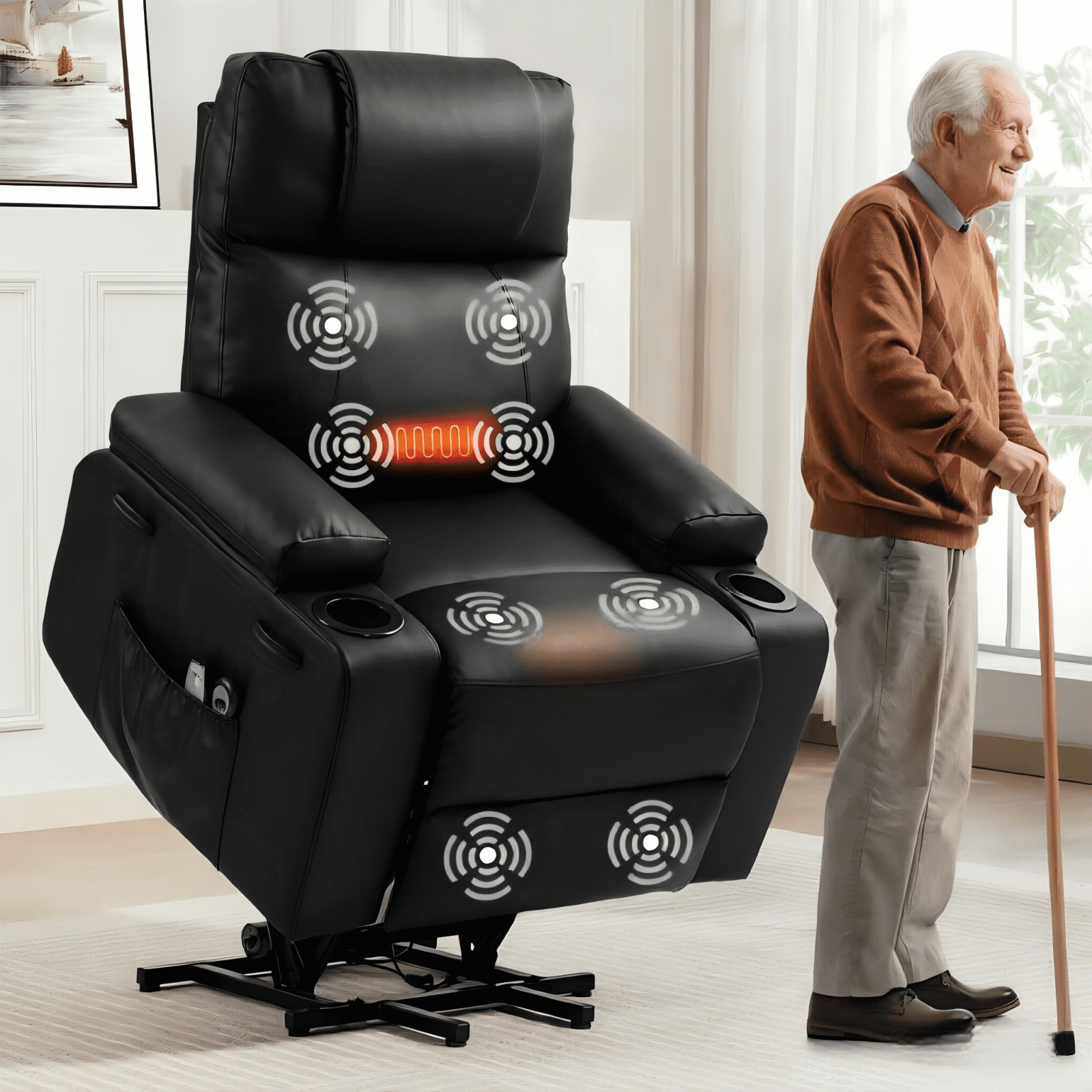Power Lift Recliner Chair for Elderly with Heat & Massage, 160° Electric Adjustable PU Leather Recliner Sofa with Remote Control, Stand Assist, Cup Holder & Side Pockets for Living Room (Black)