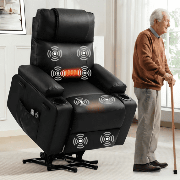 Power Lift Recliner Chair for Elderly with Heat & Massage, 160° Electric Adjustable PU Leather Recliner Sofa with Remote Control, Stand Assist, Cup Holder & Side Pockets for Living Room (Black)
