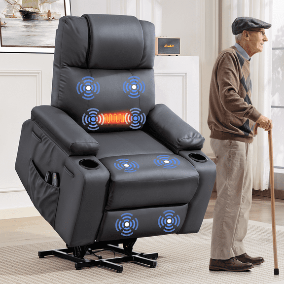 Power Lift Recliner Chair for Elderly with Heat & Massage, 160° Electric Adjustable PU Leather Recliner Sofa with Remote Control, Stand Assist, Cup Holder & Side Pockets for Living Room (Grey)