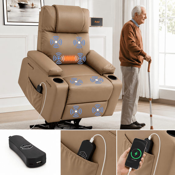 Power Lift Recliner Chair for Elderly with Heat & Massage, Electric Adjustable 160° PU Leather Lift Chair, Stand Assist, USB & Type-C Ports, Cup Holders, Side Pockets for Living Room (Brown)