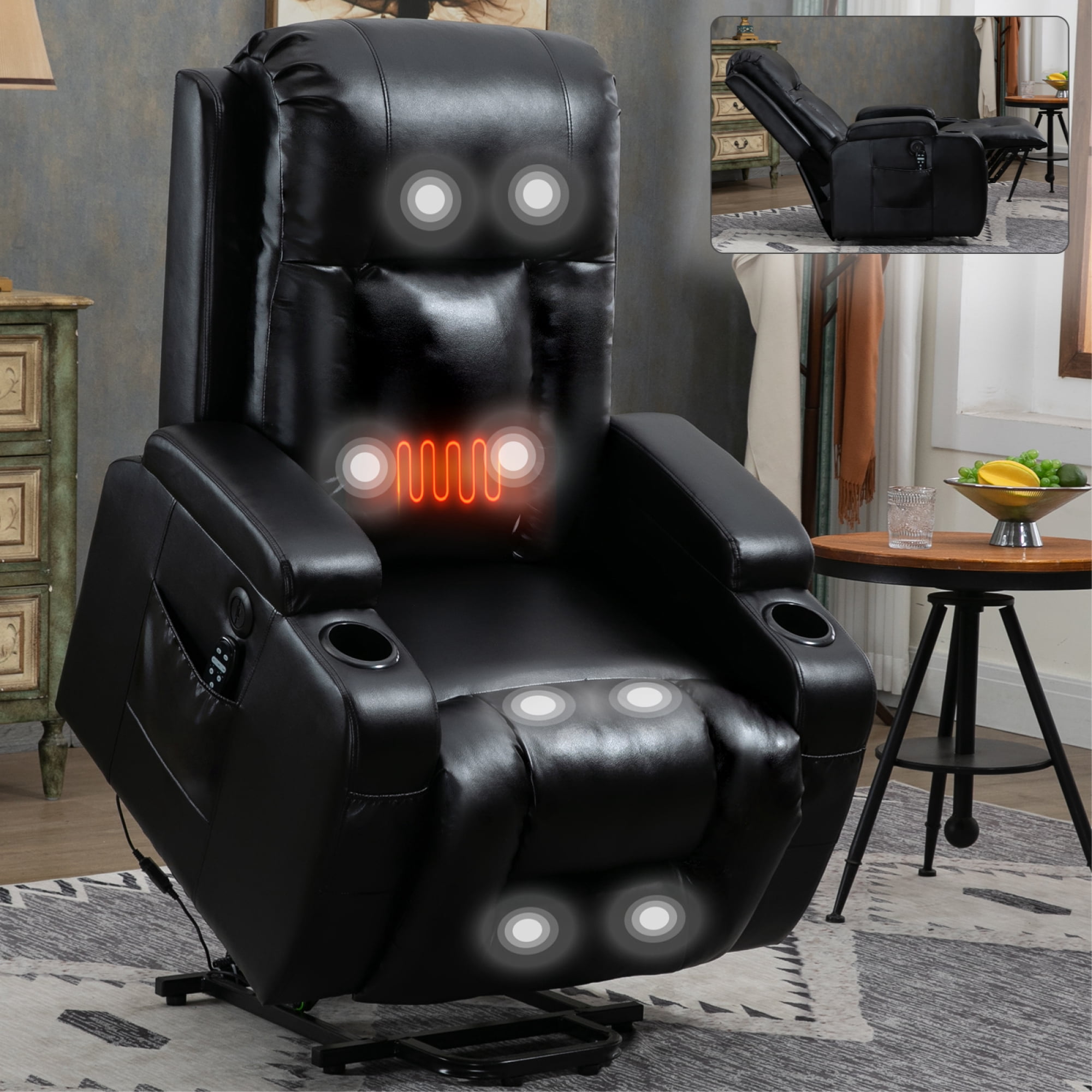 Power Lift Recliner Chair for Elderly,Heavy Duty Infinite Position Recliner Chair with 8-Point Vibration Massage and Lumbar Heating,USB Charging Port, Cup Holders,Black