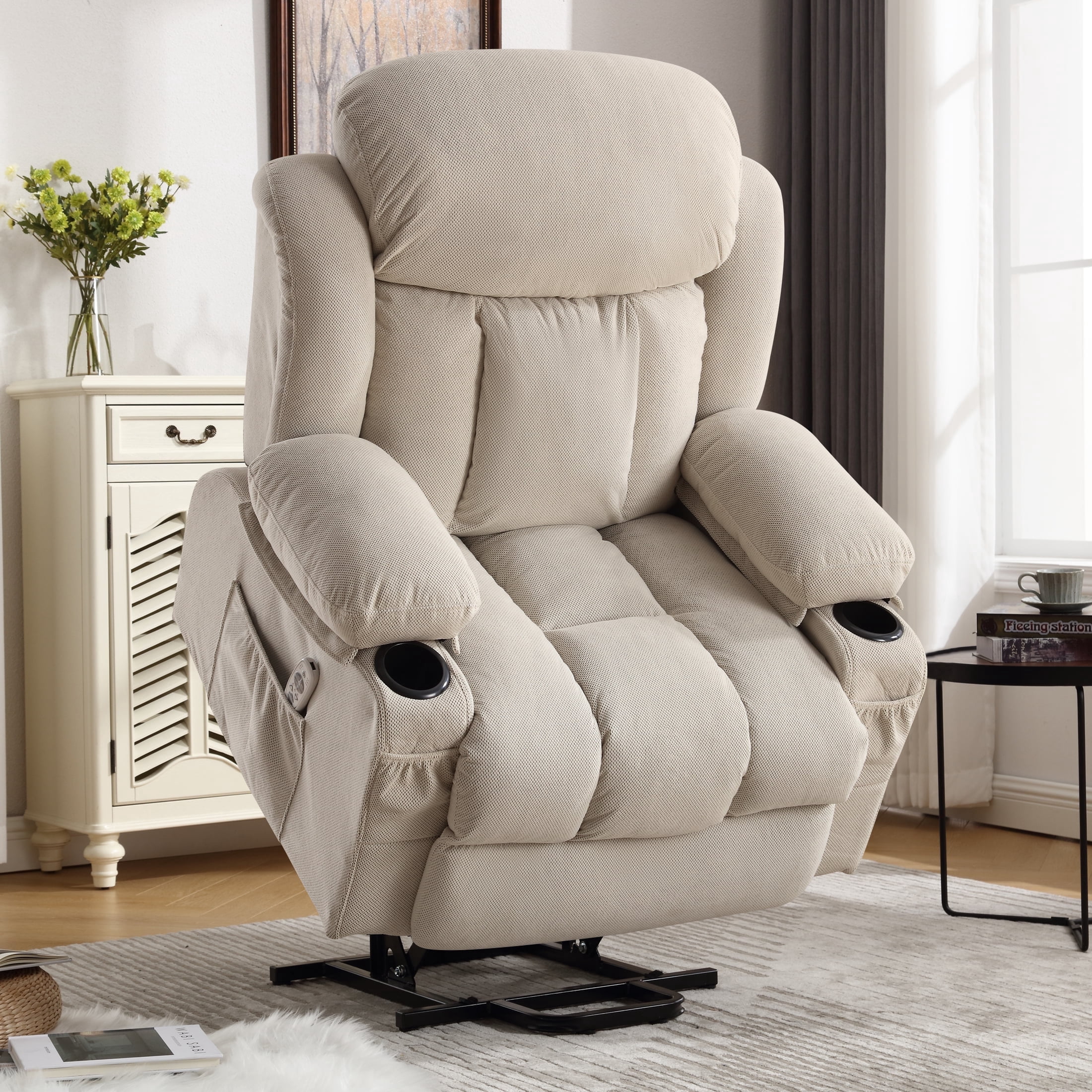 Power Lift Recliner for Elderly, Heavy Duty Electric Recliner Chair with Remote, Plush Fabric Reclining Sofa Chair, Beige