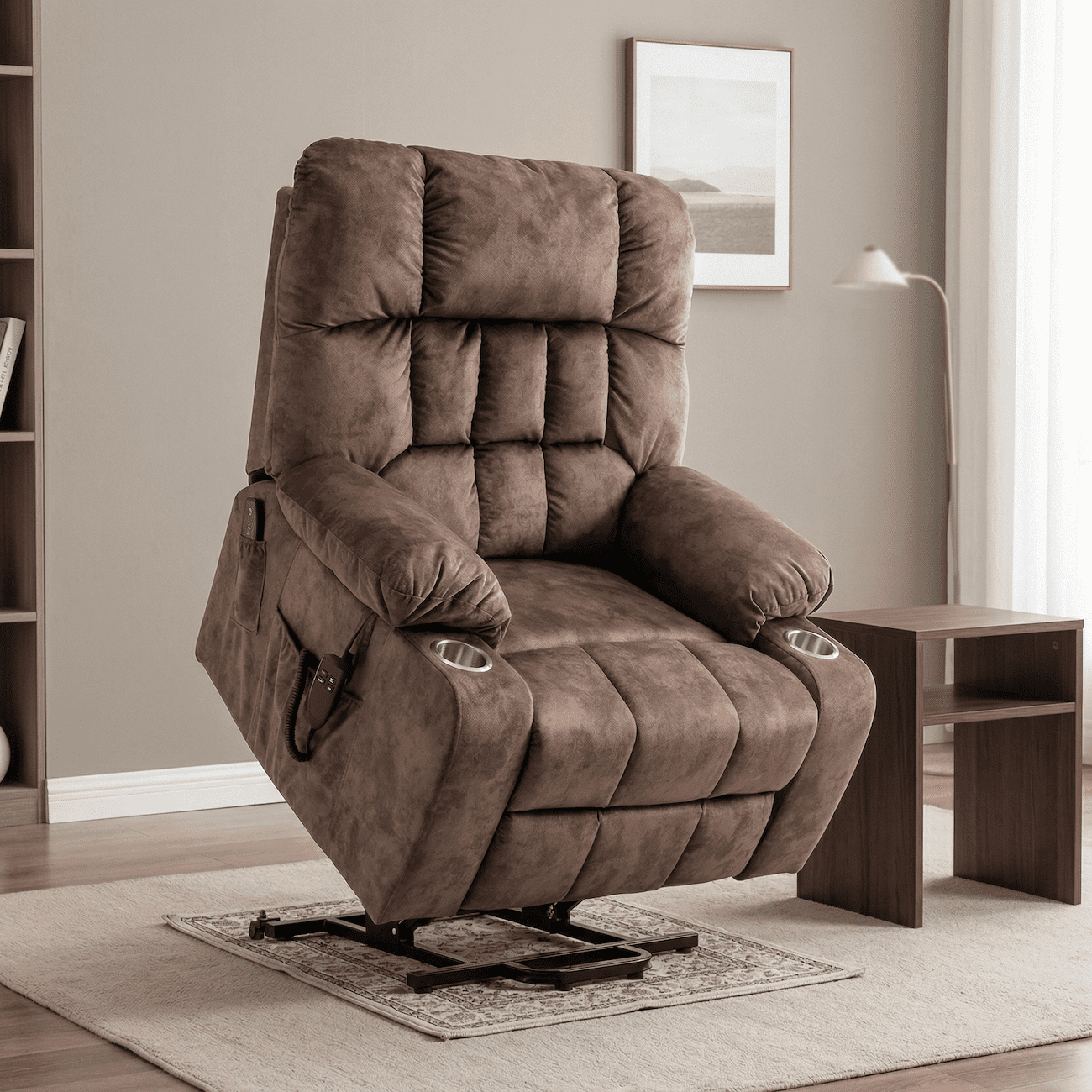 Power Lift Recliner Chair for Elderly with Massage and Heat, Dual Motor Infinite Position Recliner up to 180°, Overstuffed Wide Recliner with Cup Holders, Heavy Duty 400 lbs, Brown Velvet