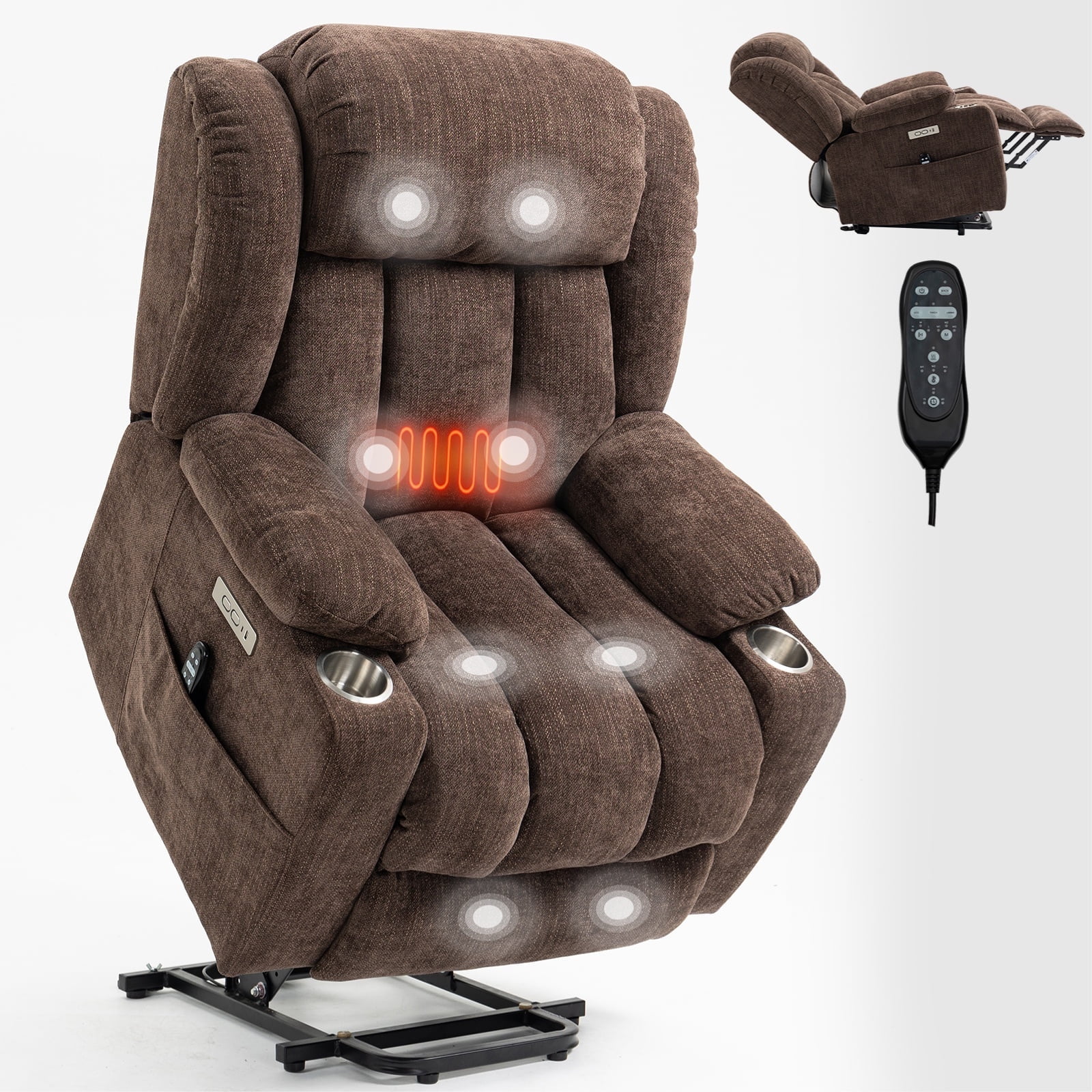 Power Lift Recliner Chair for Elderly with Massage & Heat, Heavy Duty 350 lbs Capacity,Electric Reclining Chair with USB Ports, Cup Holders, Pillow Top Arms, Medium-Firm Brown Chenille