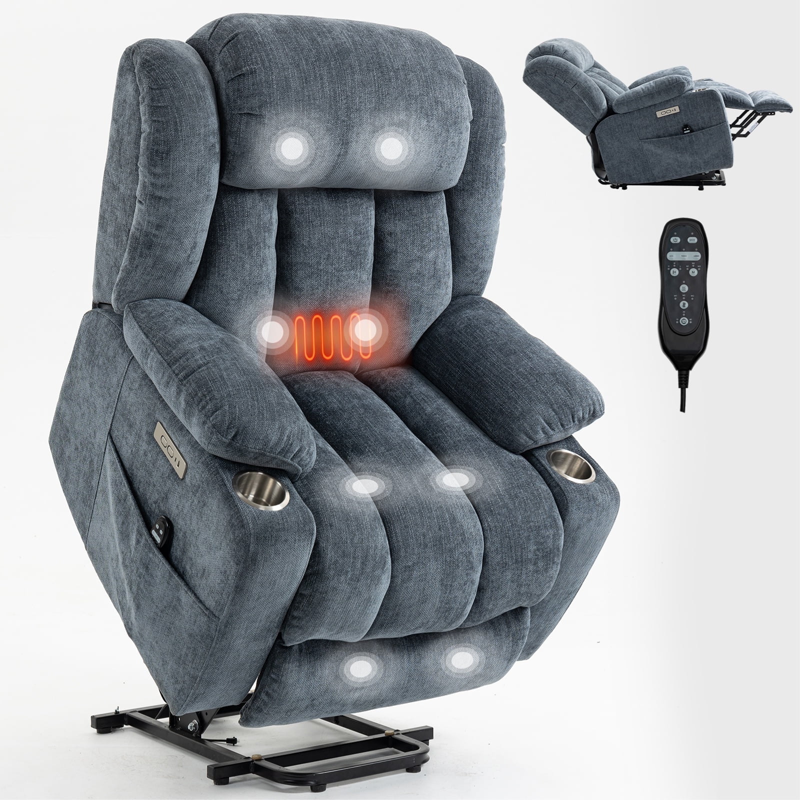 Power Lift Recliner Chair for Elderly with Massage & Heat, Heavy Duty 350 lbs Capacity,Electric Reclining Chair with USB Ports, Cup Holders, Pillow Top Arms, Medium-Firm Blue Chenille