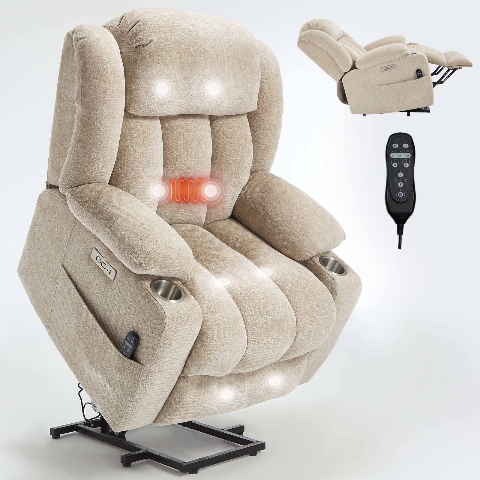 Power Lift Recliner Chair for Elderly with Massage & Heat, Heavy Duty 350 lbs Capacity,Electric Reclining Chair with USB Ports, Cup Holders, Pillow Top Arms, Medium-Firm Beige Chenille
