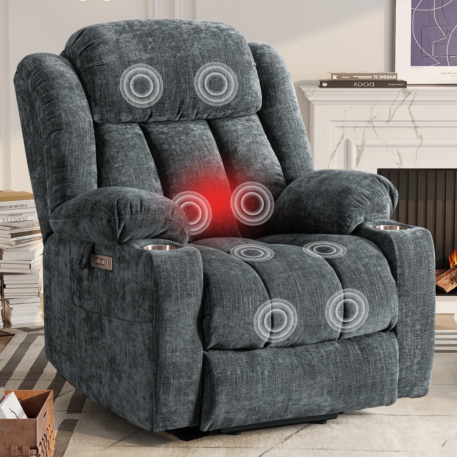 JULY'S SONG Oversized Recliner Chair with Heat and Massage, Power Lift Chairs for elderly with Cup Holders, Heavy Duty Electric Recliners for Adults with USB & Type C ports, Chenille Gray Blue