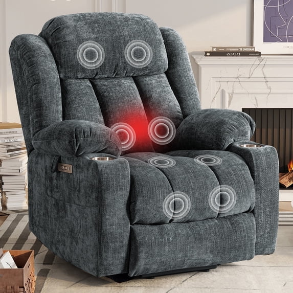 JULY'S SONG Oversized Recliner Chair with Heat and Massage, Power Lift Chairs for elderly with Cup Holders, Heavy Duty Electric Recliners for Adults with USB & Type C ports, Chenille Gray Blue