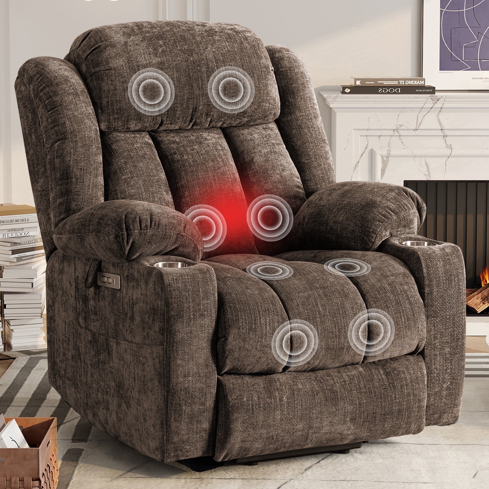 JULY'S SONG Oversized Recliner Chair with Heat and Massage, Power Lift Chairs for elderly with Cup Holders, Heavy Duty Electric Recliners for Adults with USB & Type C ports, Chenille Brown