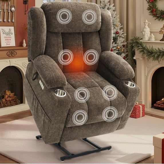 CDCASA Oversized Recliner Chair with Heat and Massage, Power Lift Chairs for elderly with Cup Holders, Heavy Duty Electric Recliners for Adults with USB & Type C ports, Chenille Brown