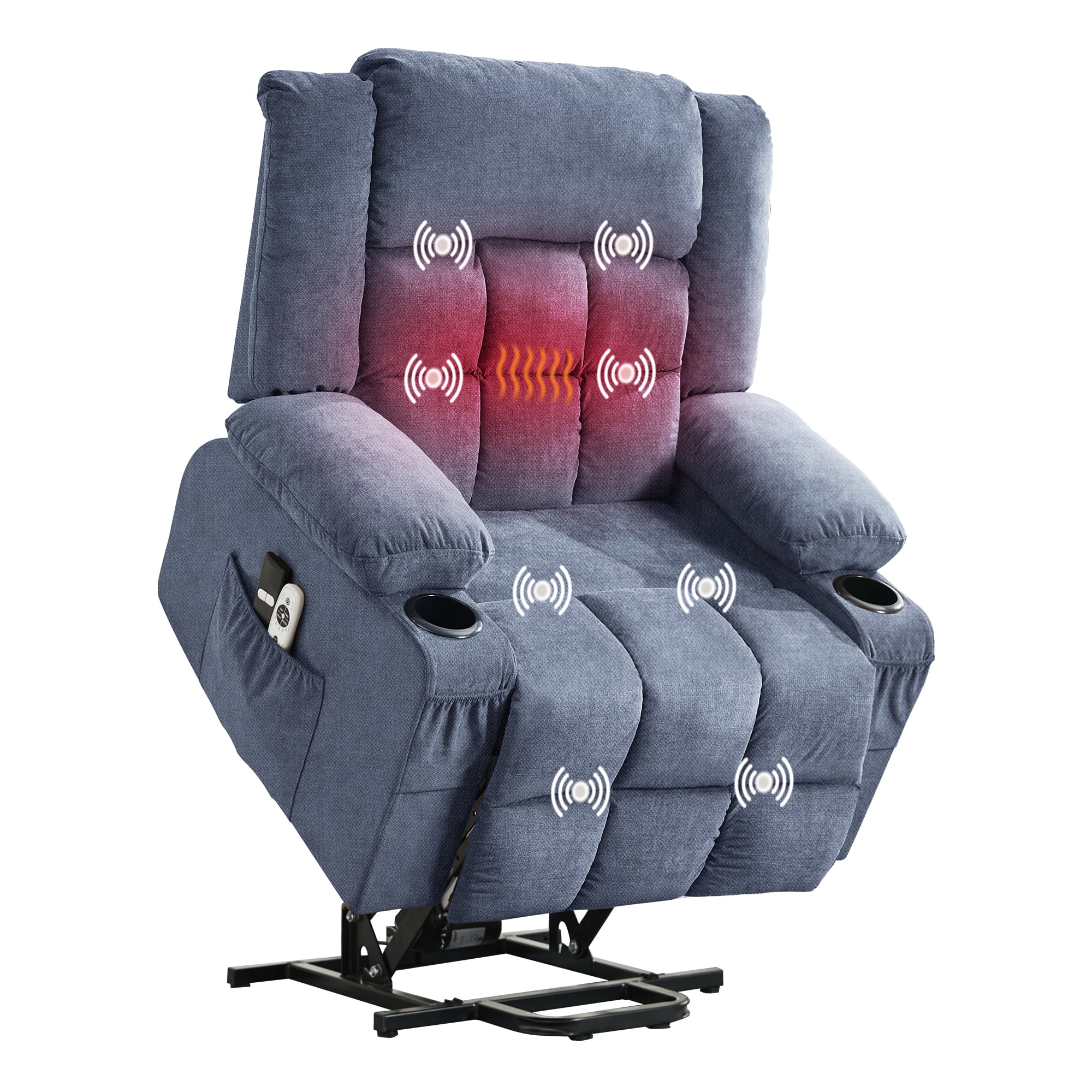 Power Lift Recliner Chair for Elderly – Oversized Wide Sofa with Heat, Vibration, Massage, 3 Positions, Remote Control, USB Charging, Cup Holders, Side Pockets, Ergonomic Living Room Chair, Blue