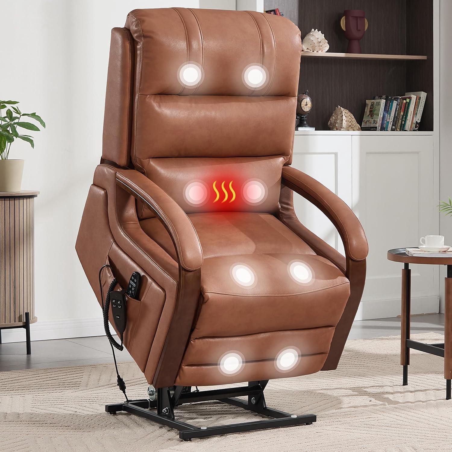 Power Lift Recliner Chair for Elderly People, Dual Motor Lift Chair with Vibration Massage and Heat, Lay Flat Recliner with Solid Wood Armrest, Standing Assistance Reclining, Faux Leather