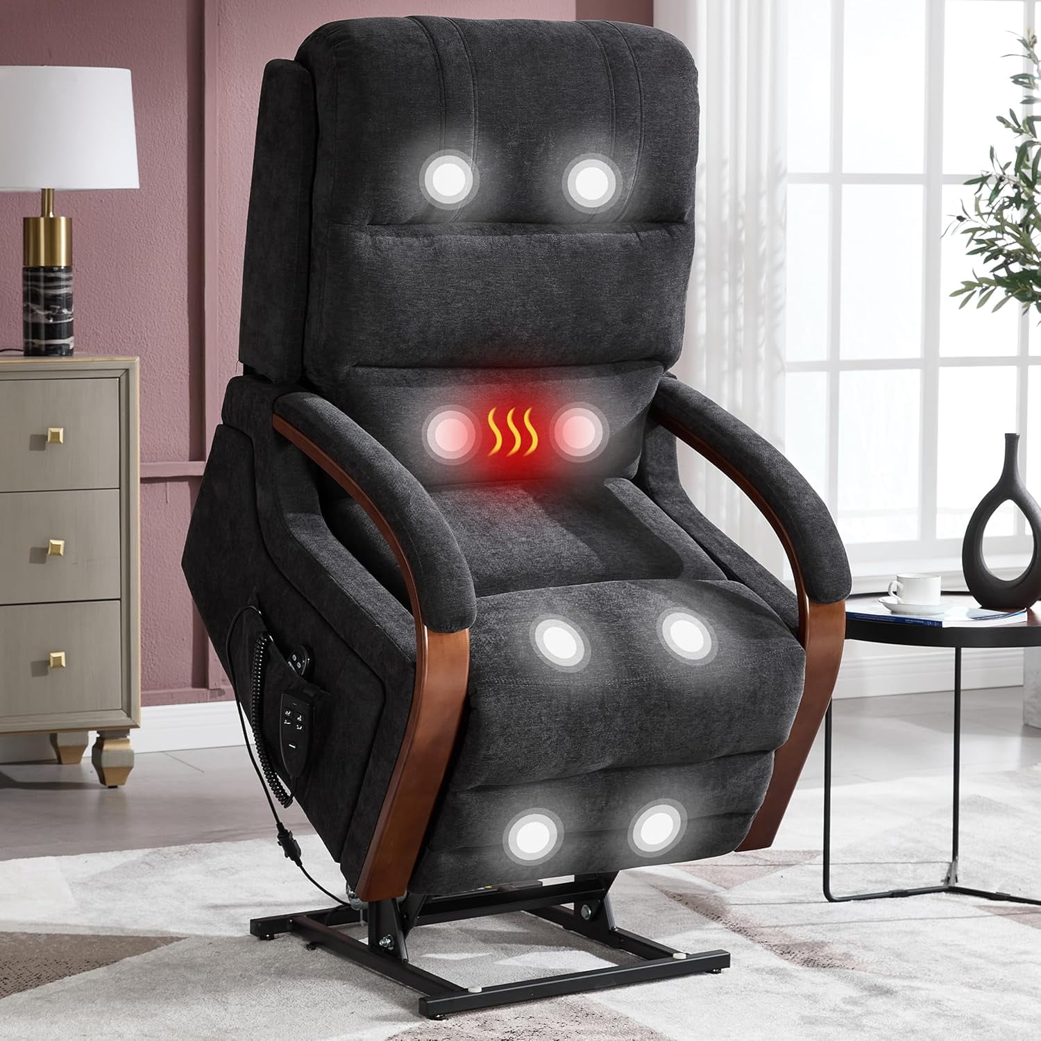 Power Lift Recliner Chair for Elderly People, Dual Motor Lift Chair with Vibration Massage and Heat, Lay Flat Recliner with Solid Wood Armrest, Standing Assistance Reclining, Chenille Fabric Black
