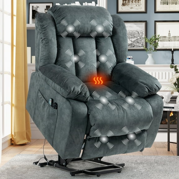 Power Lift Recliner Chair, Elderly Sofa with Heat Therapy and Massage Function, Heavy Duty Reclining Mechanism Electric Recliner with Side Pocket for Living Room Bedroom Home Theater, Blue