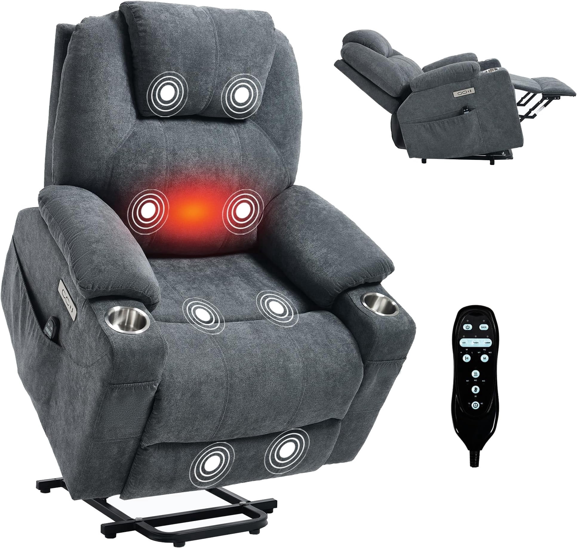 Power Lift Recliner Chair, Electric Lift Recliner for Elderly Reclining Chair with Vibration Massage and Lumbar Heating, Single Sofa with Charging Ports Cup Holders