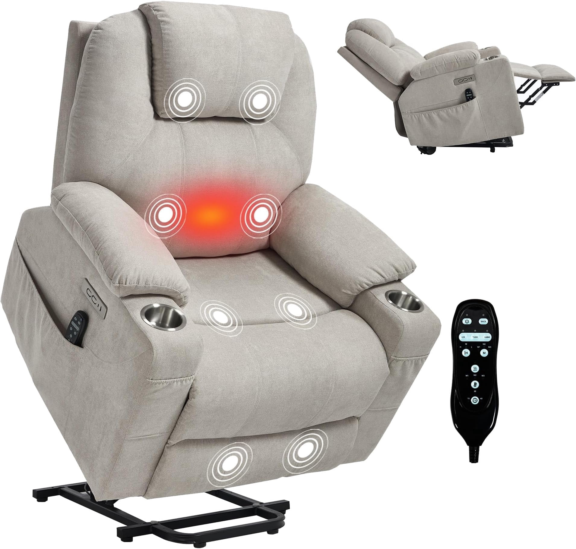 Power Lift Recliner Chair, Electric Lift Recliner for Elderly Reclining Chair with Vibration Massage and Lumbar Heating, Single Sofa with Charging Ports Cup Holders
