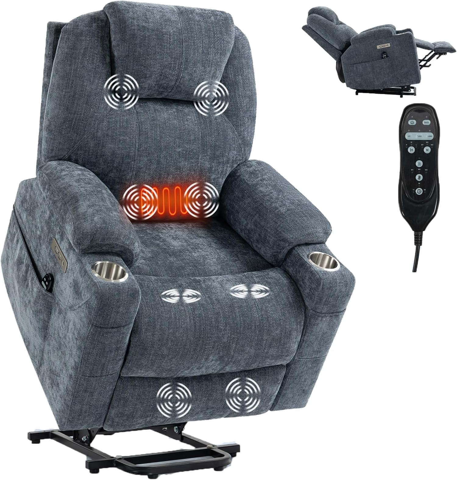 Power Lift Recliner Chair, Electric Lift Recliner for Elderly Reclining Chair with Vibration Massage and Lumbar Heating, Single Sofa with Charging Ports Cup Holders