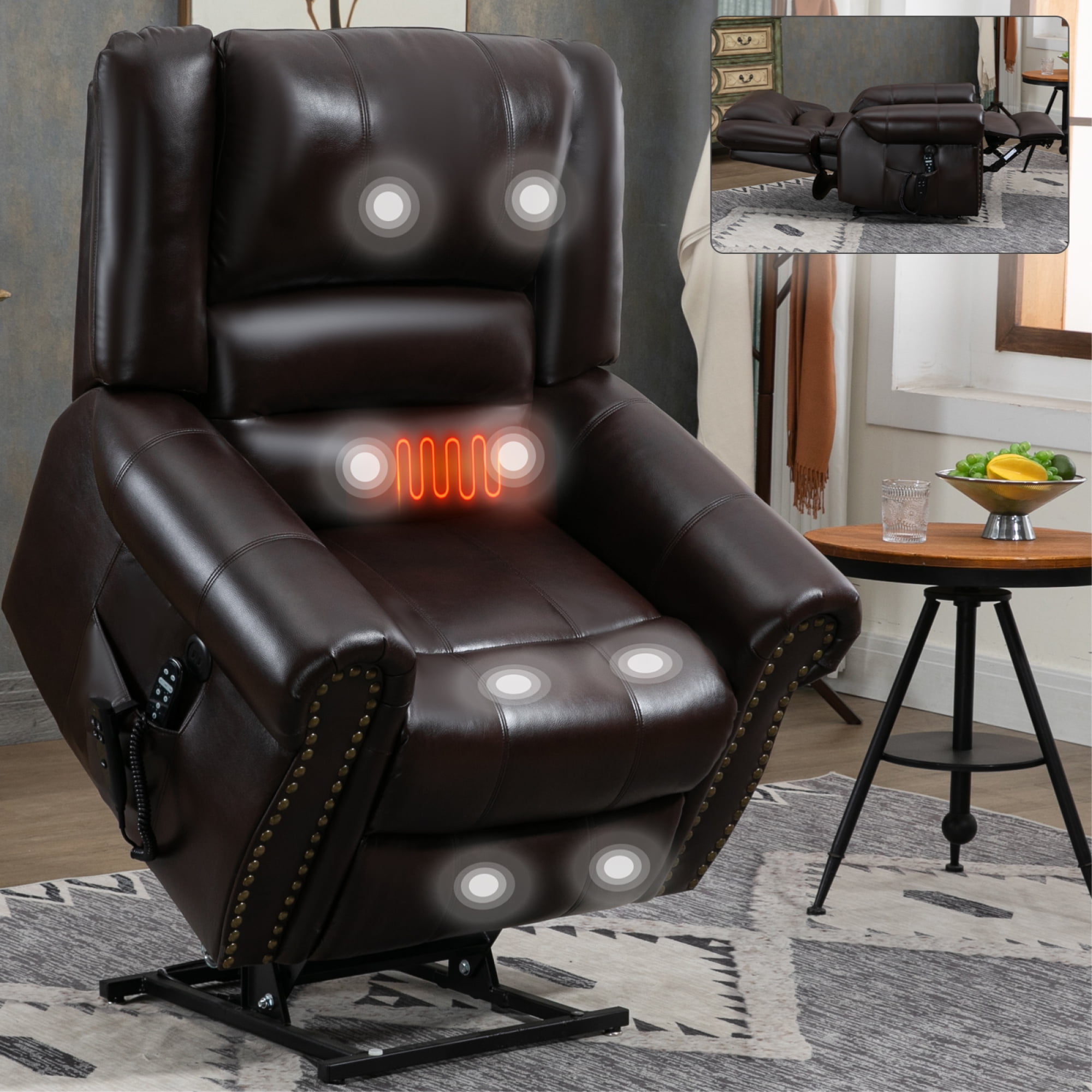 Power Lift Recliner Chair,Heavy Duty Recliners for Elderly with Heat and Massage,Faux Leather Recliner Chair with Infinite Position and USB Ports,Up to 350 LBS,Antique Brown