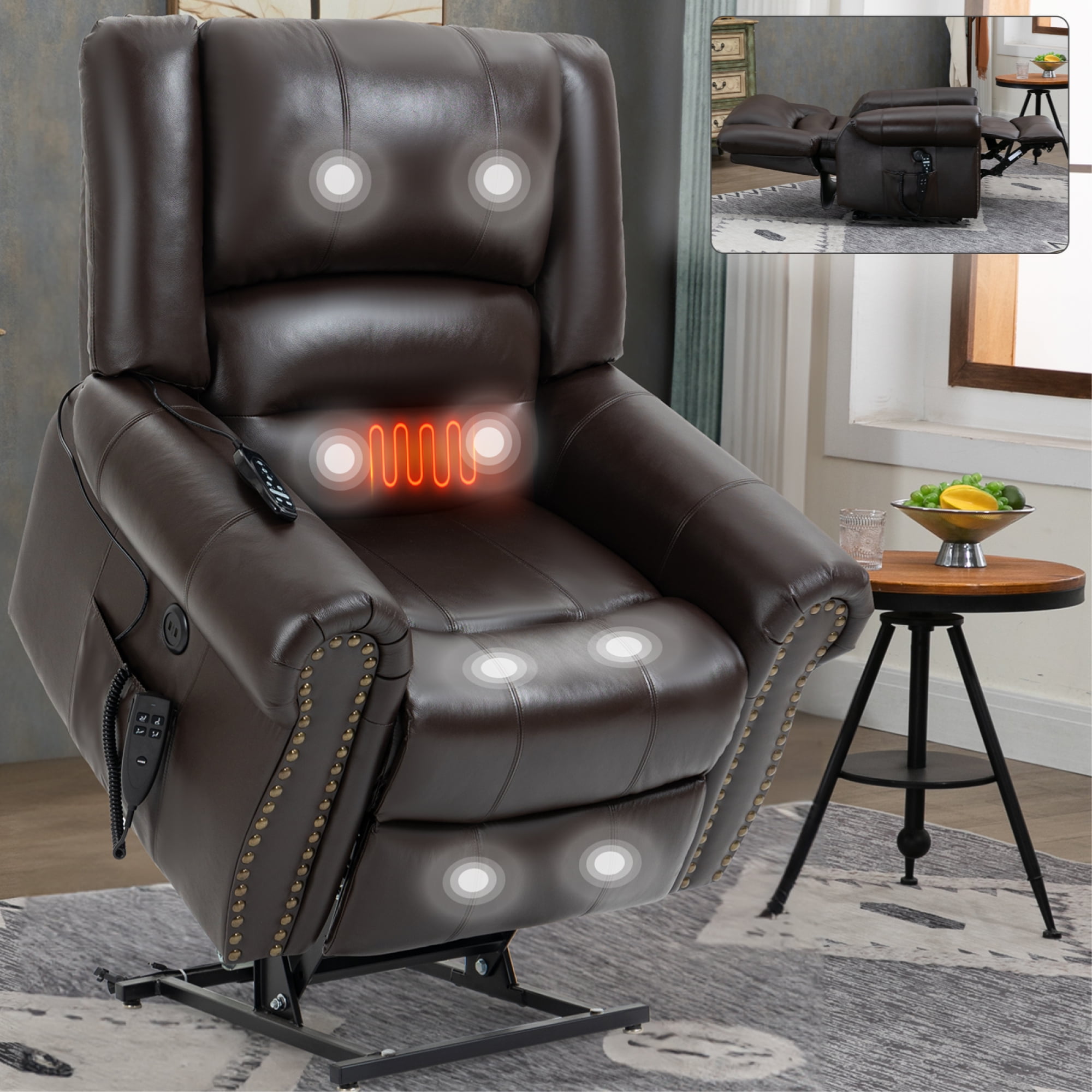 Power Lift Recliner Chair,Heavy Duty Recliners for Elderly with Heat and Massage,Faux Leather Recliner Chair with Infinite Position and USB Ports,Up to 350 LBS,Brown
