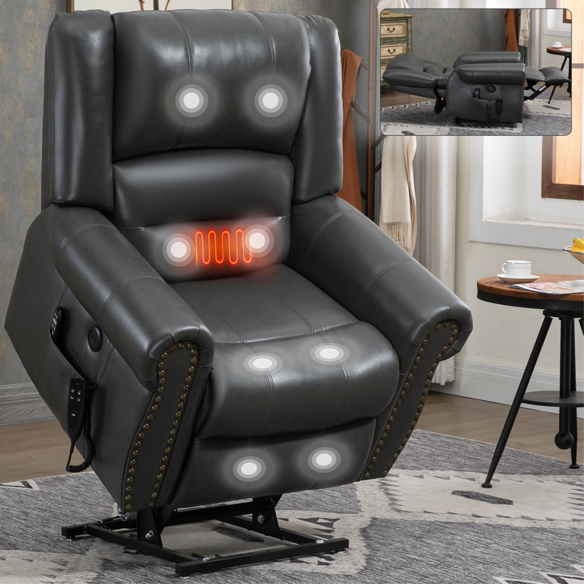 Power Lift Recliner Chair,Heavy Duty Recliners for Elderly with Heat and Massage,Faux Leather Recliner Chair with Infinite Position and USB Ports,Up to 350 LBS,Grey