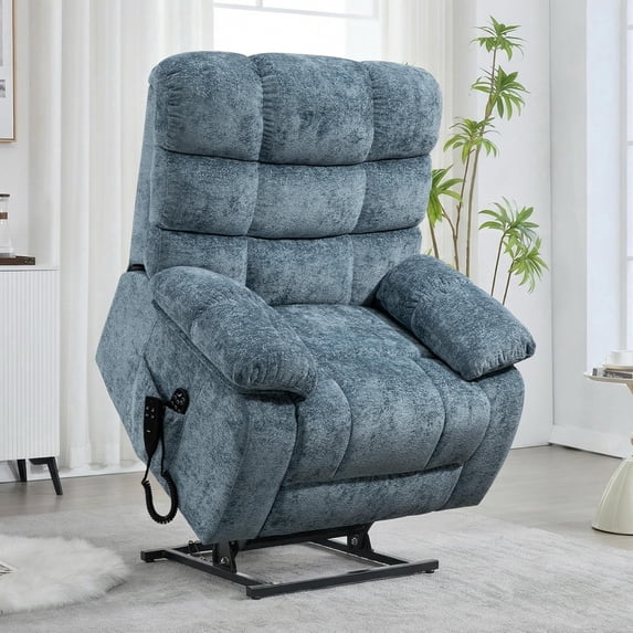 Power Lift Recliner Chair with Lumbar Heat Vibration Massage, Dual Motor Electric Lift Recliners Infinite Position Up to 350 LBS, Chenille Fabric Medium-Firm Lifting Assist Chair, Greyish Blue