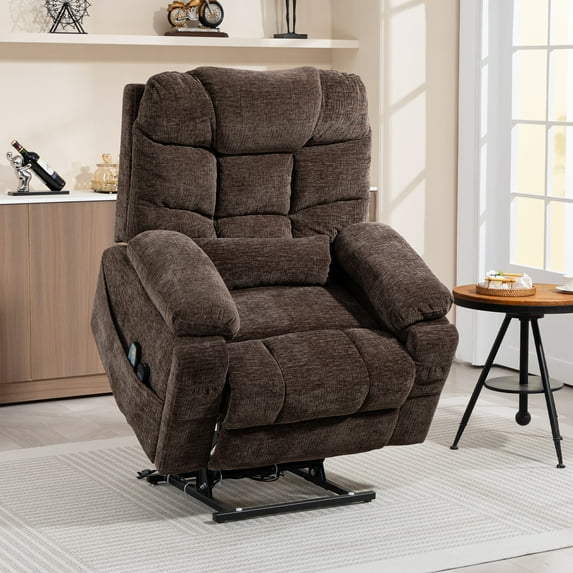 Power Lift Recliner Chair with Lumbar Pillow and Wireless Charger, SYNGAR Heat & Massage Function Recliner with USB Charging and Cup Holder, Dual Motors, Single Living Room Sofa, Brown