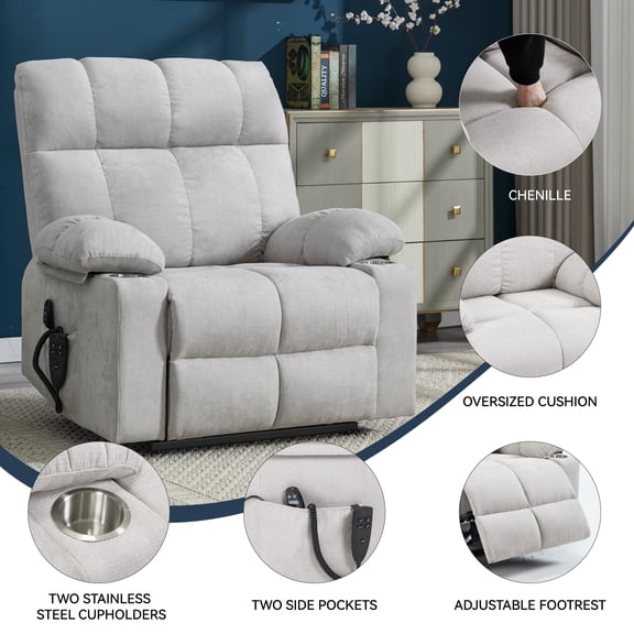 Power Lift Recliner Chair with Massage and Heat, Dual Motor Infinite Position Recliner, 350LBS Capacity Heavy Duty Chair with Vibration Massage, Lumbar Heating, Cup Holders, Beige Chenille