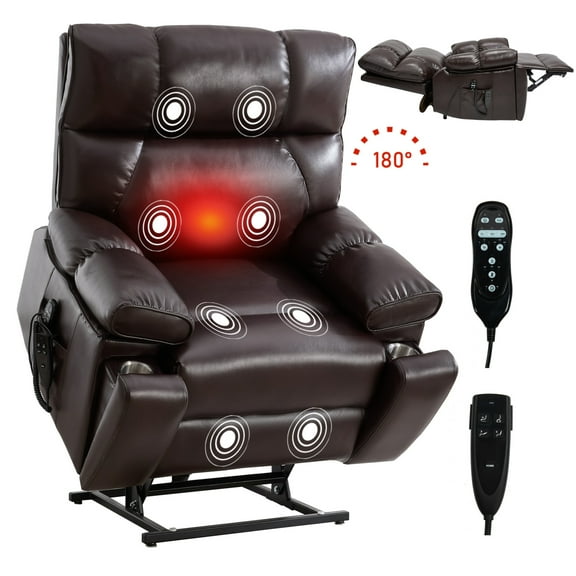 Power Lift Recliner Chair with Massage and Heat for Elderly, 180° Lying Flat Faux Leather Single Sofa Chair with Cup Holders and 25" Wide Seat, Dark Brown