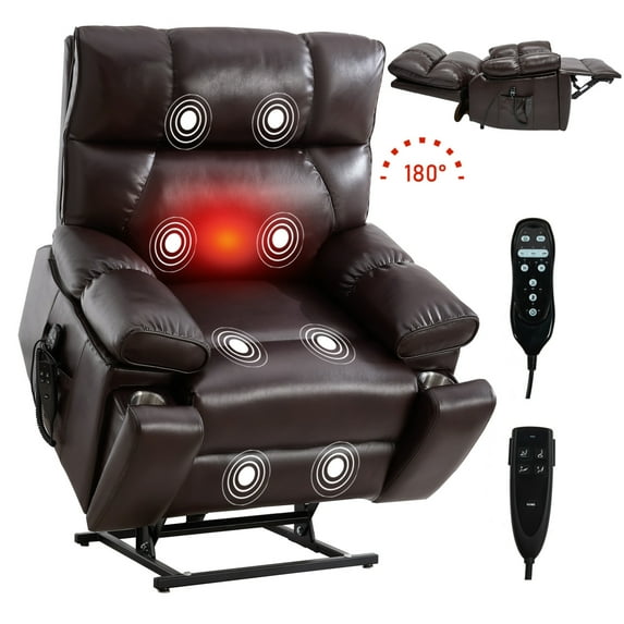 Power Lift Recliner Chair with Massage and Heat for Elderly, 180° Lying Flat Faux Leather Single Sofa Chair with Cup Holders and 25" Wide Seat, Dark Brown