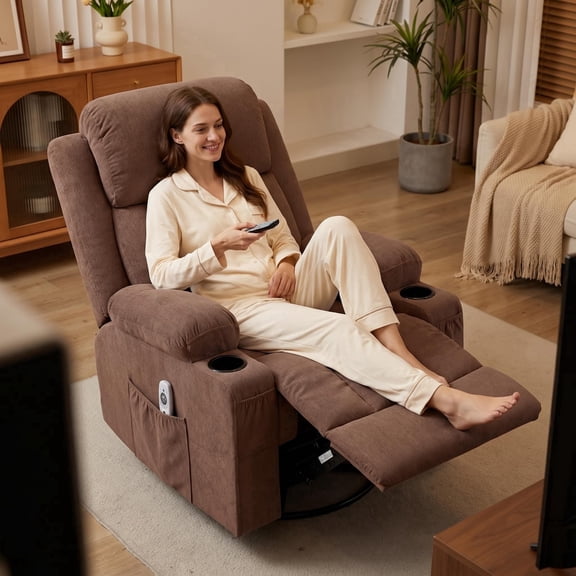 Swivel Rocker Recliner Chair with Vibration Massage and Heat for Living Room ,with Rocking Function and Side Pocket, USB Charge Port,2 cup holders