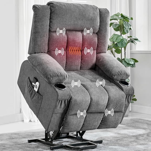 Power Lift Recliner Chair with Massage and Heat for Elderly, Oversized Electric Sofa with Manual Rocking Function, USB Port, Cup Holders, and Remote Control. Ideal for Living Room and Bedroom