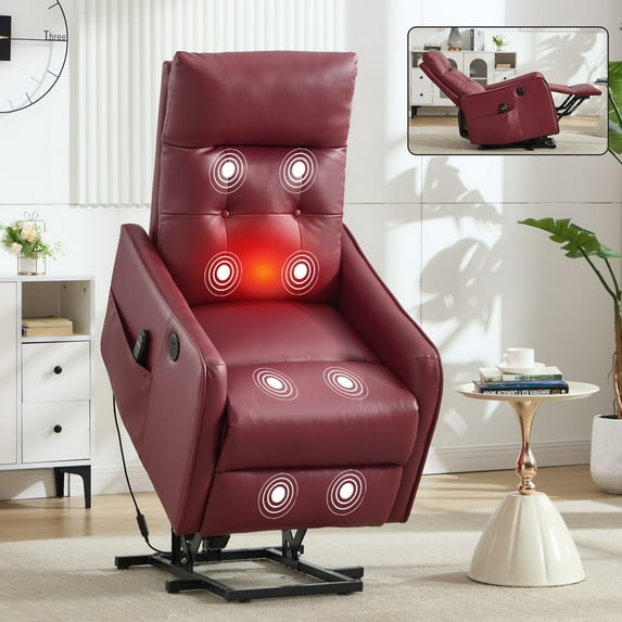 Power Lift Recliner Chair with Massage and Heat, Single Motor Electric Recliner for Elderly with USB Charging, 155° Max Recline Brown PU Leather Living Room Chair, Red