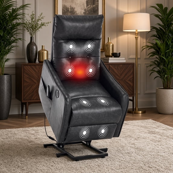 Power Lift Recliner Chair, Massage & Heat for Elderly, USB Charging, 155° Recline, Heavy Duty, Gray