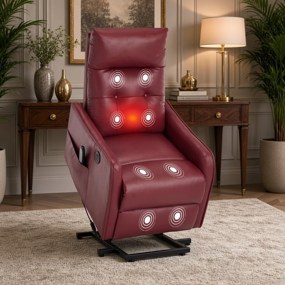 Power Lift Recliner Chair, Massage & Heat for Elderly, USB Charging, 155° Recline, Heavy Duty, Red