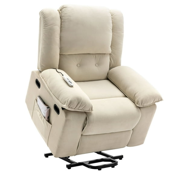 Power Lift Recliner Chair with Massage and Heating for Elderly Adults, Electric Lounge Sofa Chair with Adjustable Backrest & Footrest and Side Pockets, Beige