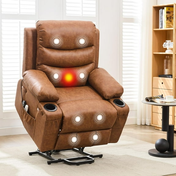 Power Lift Recliner Chair, Oversized Electric Recliners for Elderly with Heat and Massage, Home Theater Seat with 2 Cup Holders Side, Electric Glider Reclining Single Sofa Chair for Living Room, Beige