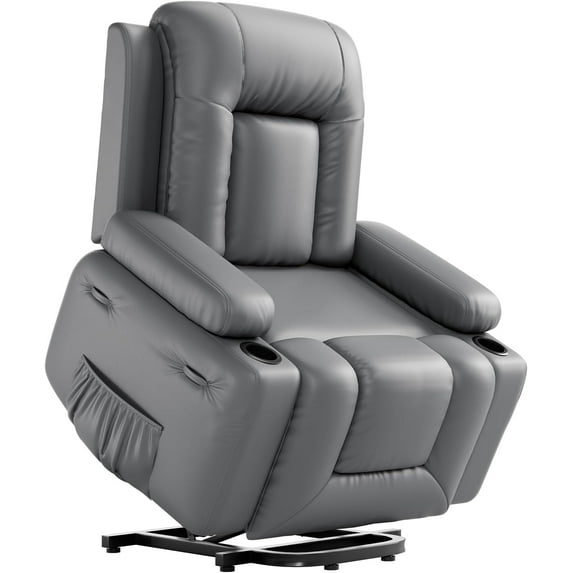 Power Lift Recliner Chair PU Leather with Massage for Elderly Ergonomic Lounge Chair Classic Single Sofa with 2 Cup Holders Side Pocket (Gray, 27" Seat Width + Cup Holder)