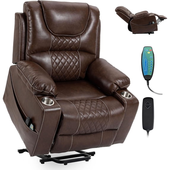 Power Lift Recliner Chair Sofa with Massage and Heat for Big and Tall Elderly,Infinite Positions,Single Motor,Cup Holders,and USB Ports,Faux Leather Home Theater Seat