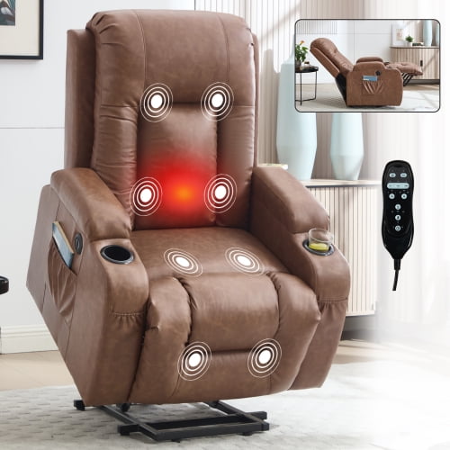 Power Lift Recliner Chair for Elderly, Infinite Position PU Leather Massage Recliner with Heat, USB Charging, Cup Holders, 350 lbs Capacity, Brown1