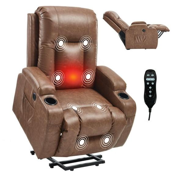 Power Lift Recliner Chair for Elderly, PU Leather Recliner Chair with Heating and Massage, USB Ports and Cupholders, 31" High Backrest, Brown
