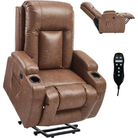Power Lift Recliner Chair with Heat and Massage, Lift Chairs for Standing Assistance, 2 Cup Holders, 4 Pockets, USB Charge Port, Breathable Leather