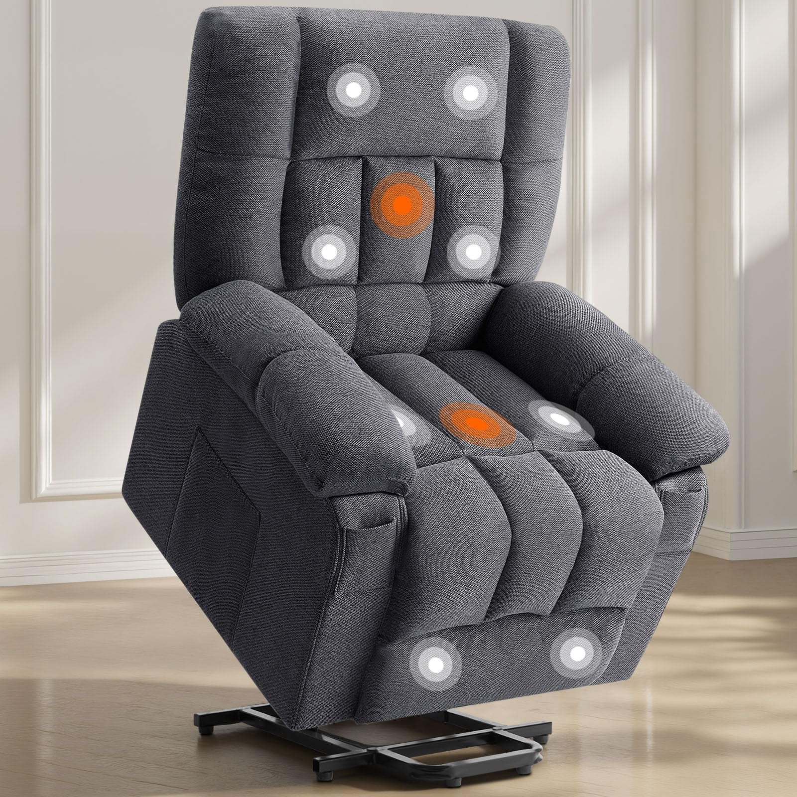 Power Lift Recliner Chair with Vibration Massage and Heat for Elderly, Ergonomic Overstuffed Breathable Fabric Reclining Chair,Grey