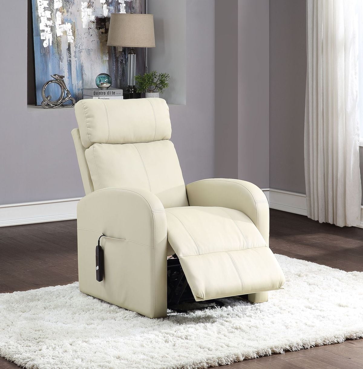 Beige 28'' PU Leather Swivel Recliner with Lift and Wood Accents