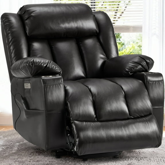 Power Lift Recliner Leather Chair Sofa with Massage & Heat, Lazy Boy Chair with Cup Holders, USB & Type-C Ports, Remote Control-Black